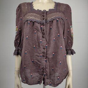 Sundance brown square neck lacy embroidered linen blend top blouse ladies Medium